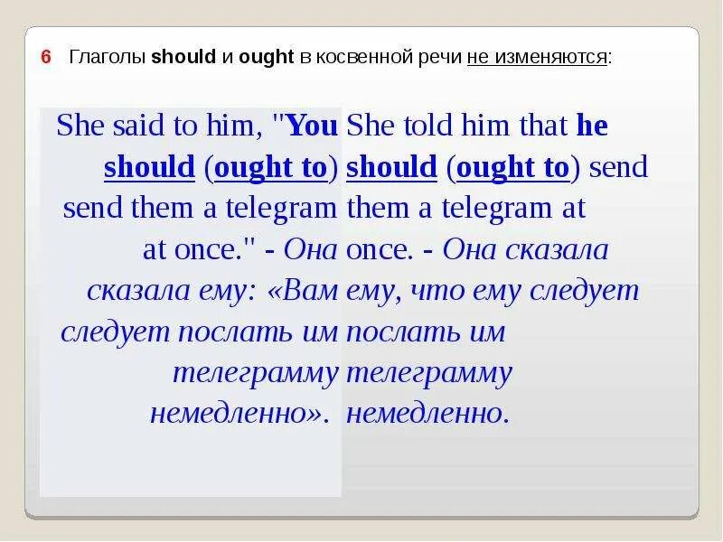 Тест по косвенной речи 8 класс. Ought в косвенной речи. Should в косвенной речи. Глаголы в косвенной речи. Ought to в косвенной речи.