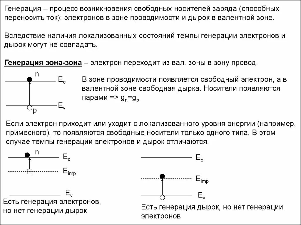 Процесс генерирования. Генерация свободных носителей зарядов в примесных полупроводниках. Схема возникновения электронов и дырок. Механизм образования свободных зарядов в полупроводниках. Процесс генерации в полупроводнике.