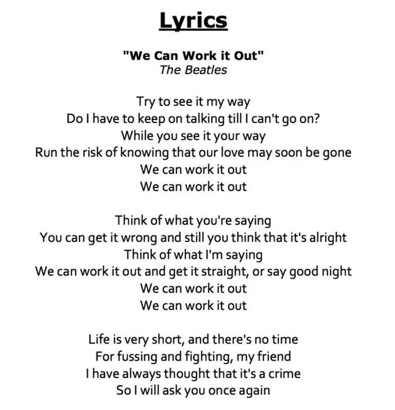 Перевод песни we can. We can work it out текст. Beatles Songs Lyrics. The Beatles текст. Out out текст.