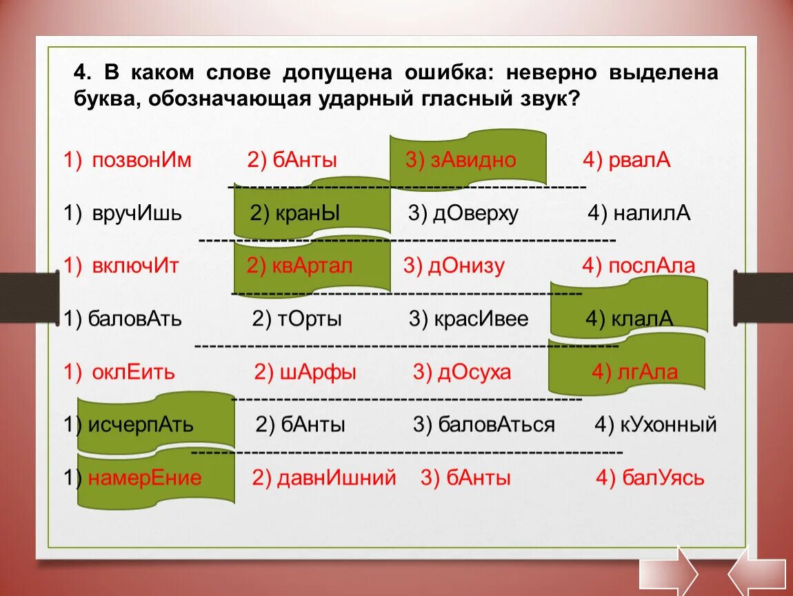 Неверно выделена буква. В каком слове неверно выделен ударный звук. В каком слове допущена ошибка. Ударный звук в слове банты. Ударная гласная в слове вручить