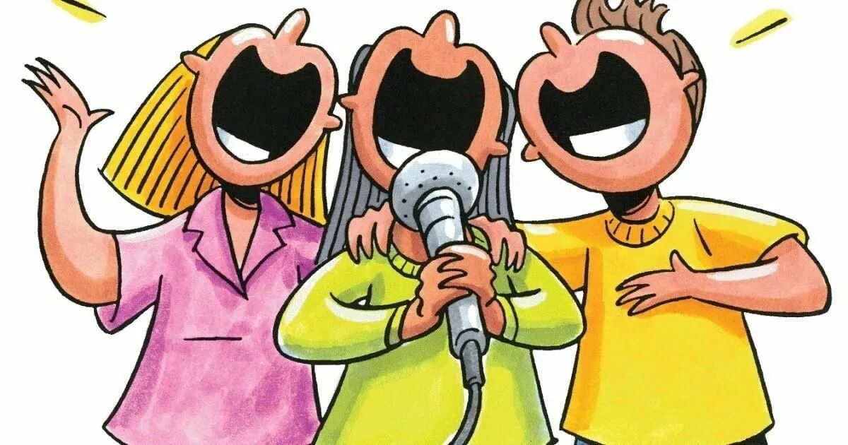 Группа людей поет. Красивый голос. Громче спеть. Креативный микрофон. Малыш с микрофоном.