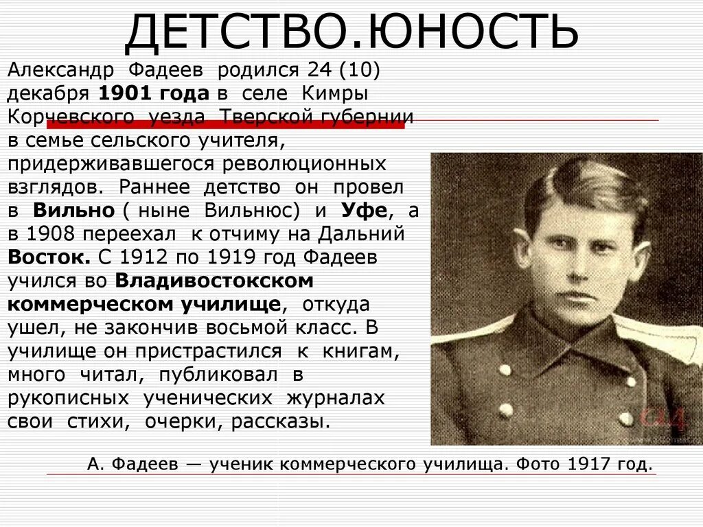 Детство и юность писателя. А.Фадеев жизнь и творчество.