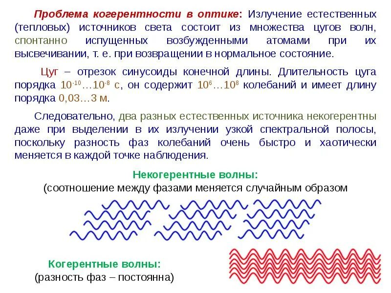 Волновые источники света. Когерентность в оптике. Когерентность в волновой оптике. Источники световых волн. Цуг волны физика.