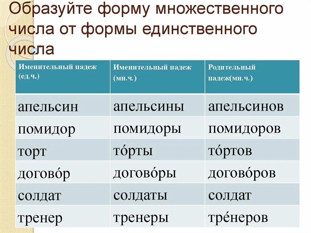 Образуйте формы единственного числа. Образуйте форму множественного числа. Образовать форму множественного числа. Формы именительного падежа множественного числа. Договор множественное число именительный падеж.