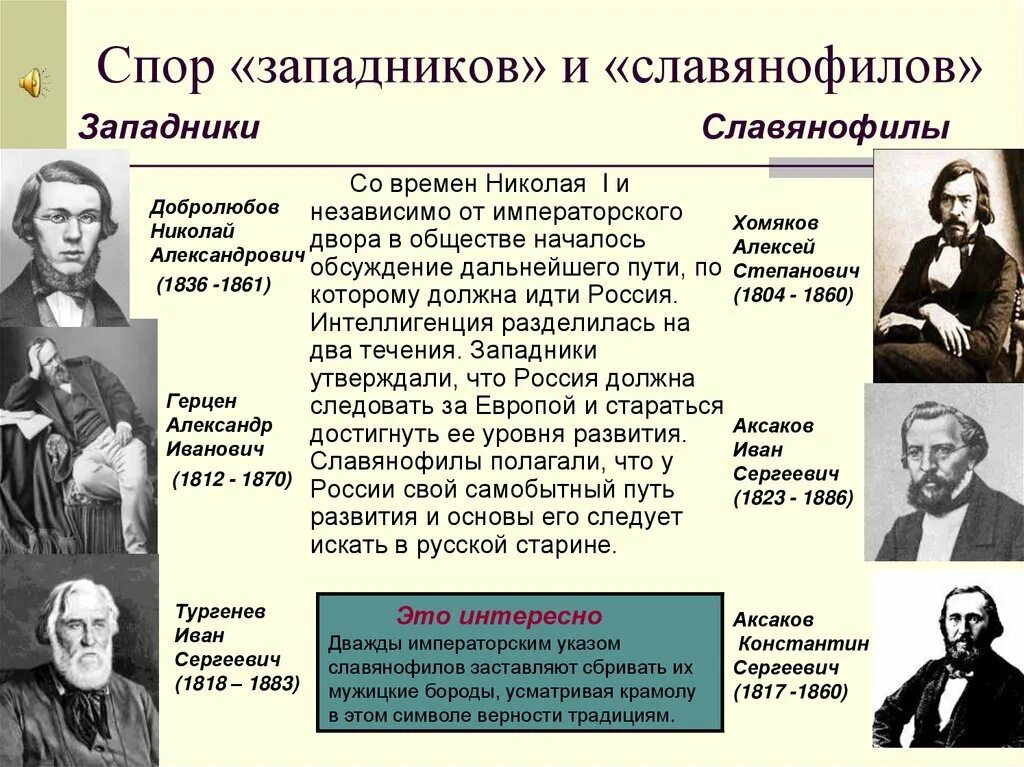 Общественные движения западники и славянофилы. Писатели западники 19 века. Основные представители славянофилов 19 века. Представители западников в России в 19 веке. Основные идеи западников и славянофилов 19 века.