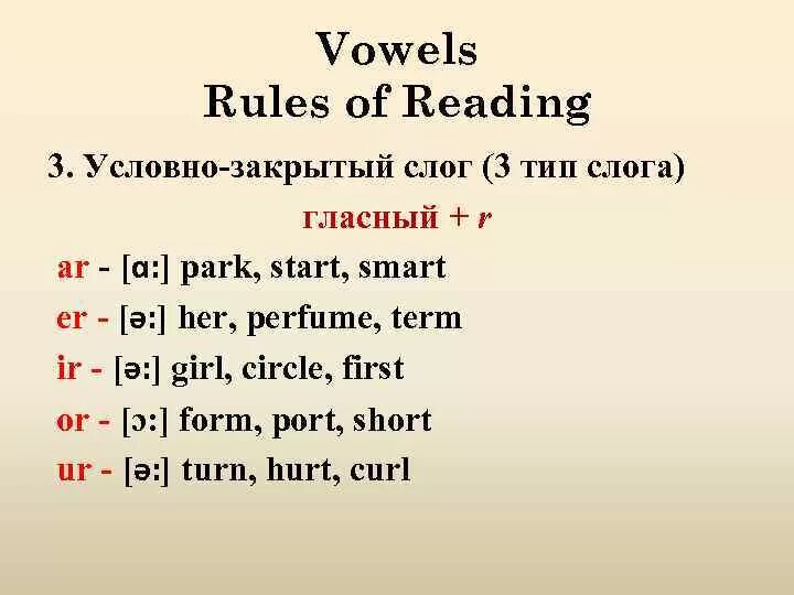 Слог в английском языке примеры. Чтение гласных 4 типа слога в английском. 3 И 4 Тип чтения в английском языке. Чтение гласных перед r в английском языке. 3 Тип чтения гласных в английском языке.