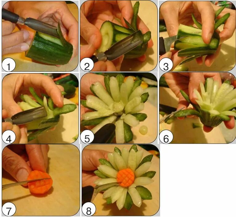 Карвинг из огурца. Украшения из овощей пошагово. Цветы из овощей для украшения. Карвинг цветы из овощей.
