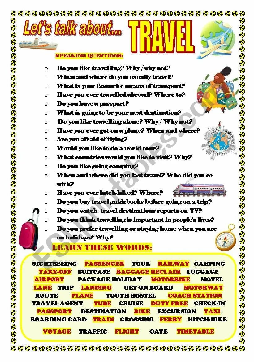 Let's talk about travelling. Let's speak about Travel. Let's talk about travelling for Kids. Lets talk about Tourism. Questions about travelling