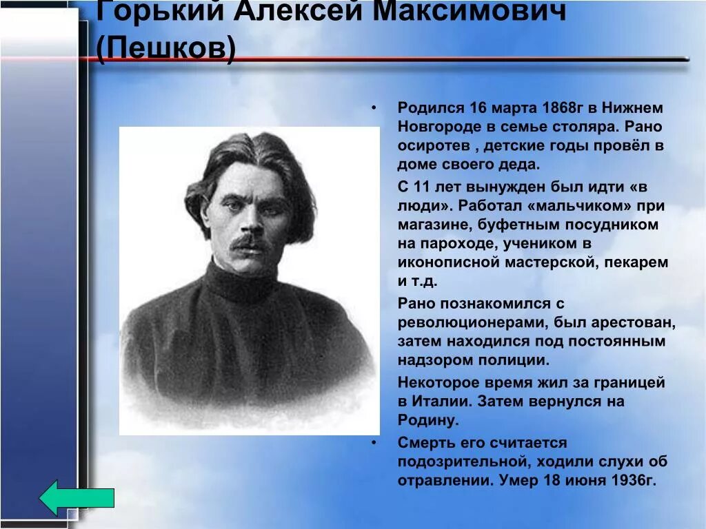 Биография максима горького 3 класс кратко. Максим Горький (Алексей Максимович Пешко́в,. Горький Алексей Максимович (1868-1936). Максим Горький биография. Доклад про Максима Горького 3 класс.