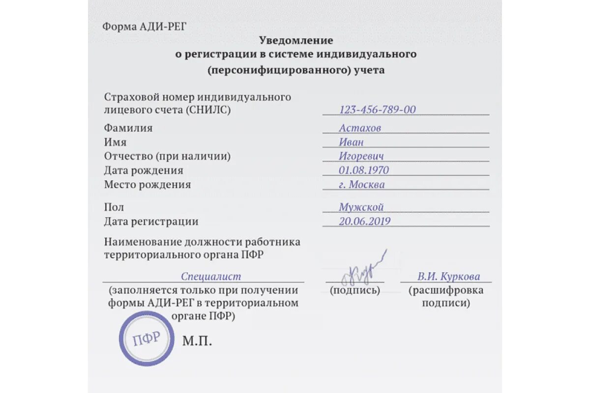 СНИЛС по форме Ади-рег. СНИЛС Ади рег как выглядит. Документ подтверждающий регистрацию в системе индивидуального учета. Уведомление по форме Ади-рег.