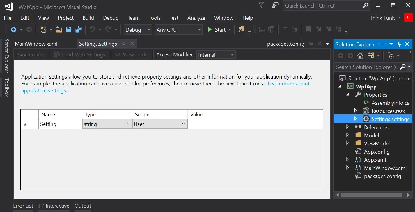 C app settings