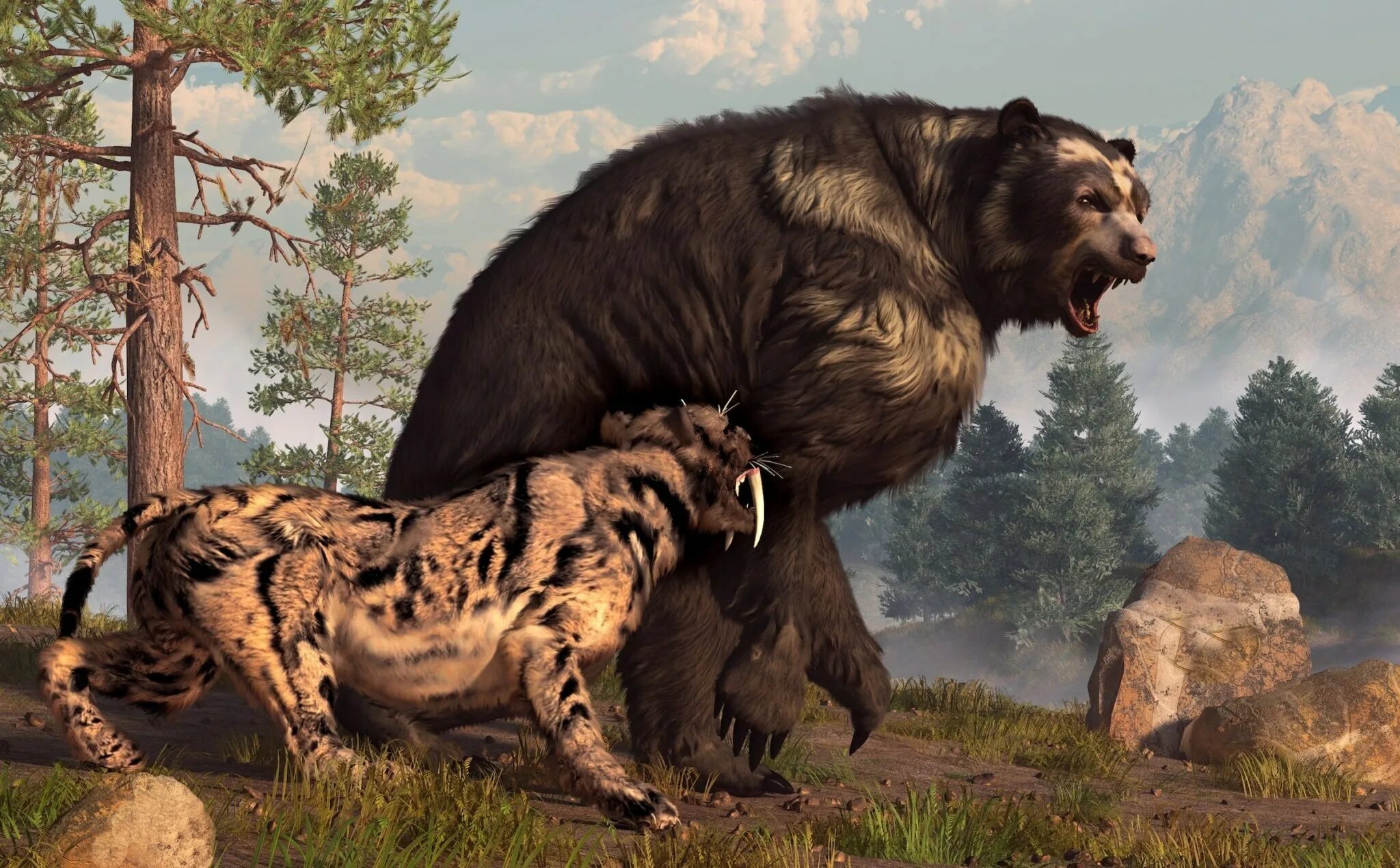 Гигантский Короткомордый медведь. Доисторические хищники Короткомордый медведь. Мамонты Саблезубые тигры пещерный медведь. Пещерный медведь вымершие животные.