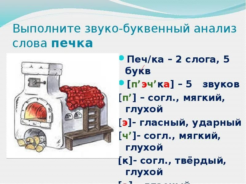 Печка сколько звуков. Разбор печи. Звуковой анализ слова печка. Звуко буквенный анализ слова печка. Схема слова печка.