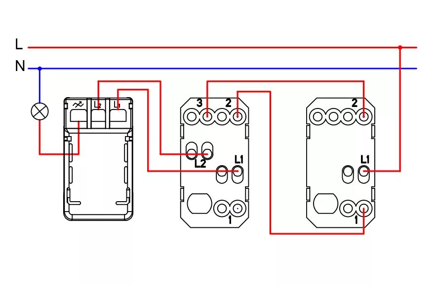 Двухклавишный перекрестный переключатель схема подключения. Двухклавишный перекрестный переключатель схема. Перекрёстный выключатель двухклавишный схема подключения. Схема подключения проходного диммера с 3х мест. Как подключить перекрестный выключатель