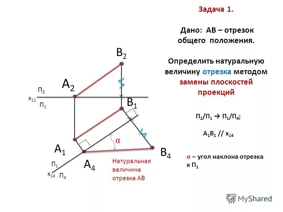 Исходя из общего положения. Натуральная величина плоскости общего положения. натуральная величина отрезка и угол наклона. угол наклона плоскости к плоскостям проекций. натуральная длина отрезка прямой общего положения.