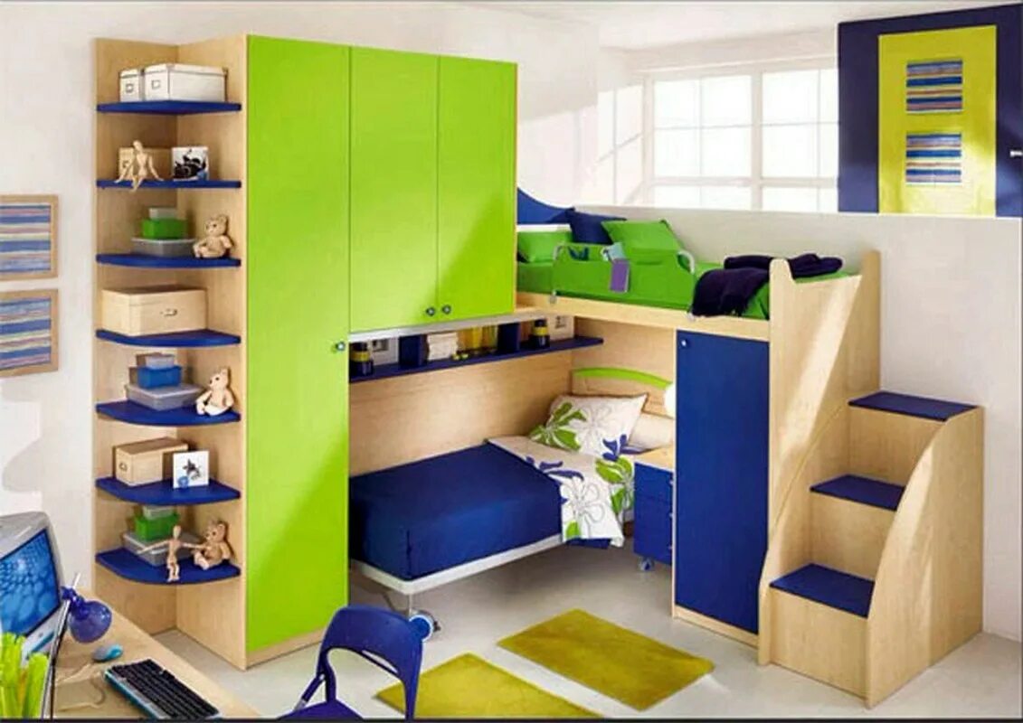 Детские спальни. Мебель для детской для двоих детей. Мебель в детскую комнату для двоих детей. Компактная детская комната.