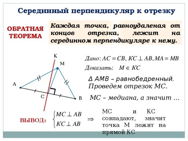 Каждая точка равноудаленная от концов. Свойство серединного перпендикуляра отрезка. Теорема о серединном перпендикуляре к отрезку доказательство 8 класс. Свойство серединного перпендикуляра доказательство. Срединный перпендикуляр треугольника 7 класс.