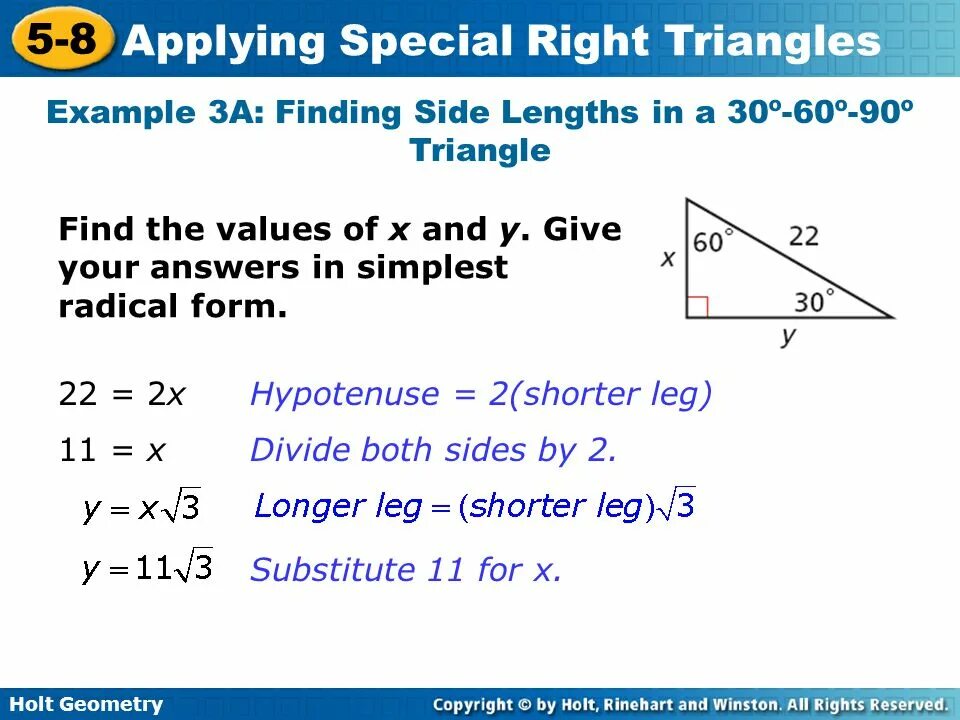 Side length. Hypotenuse. find the side of right triangle. special right triangles 30 -60 -90 example. simplest radical form.