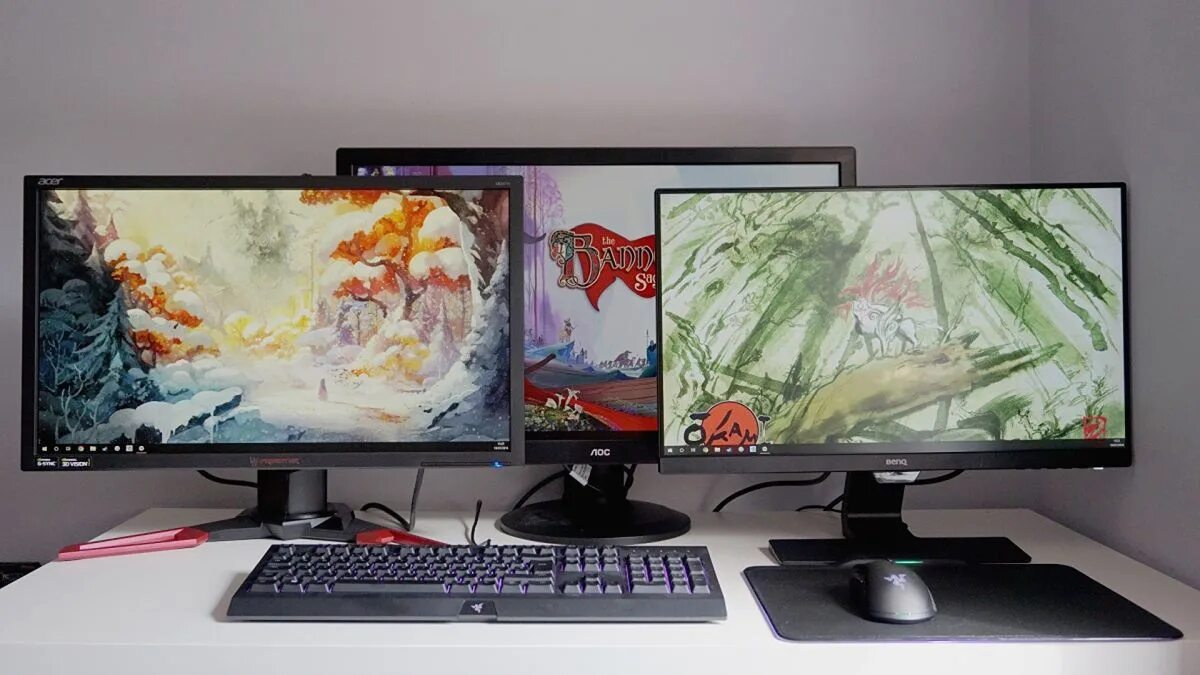 Escritório home office com 3 monitores. Clean! Glass desk office, Glass desk, Co