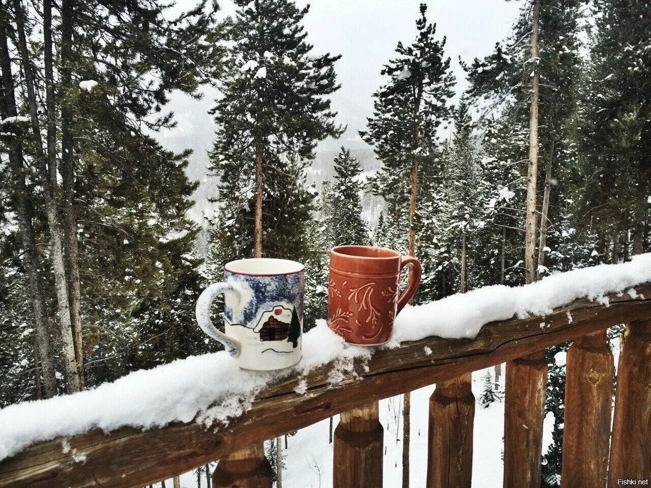 Фото с добрым зимним утром. Уютная зима. Чай зимой. Кофе зимой. Чаепитие в зимнем лесу.