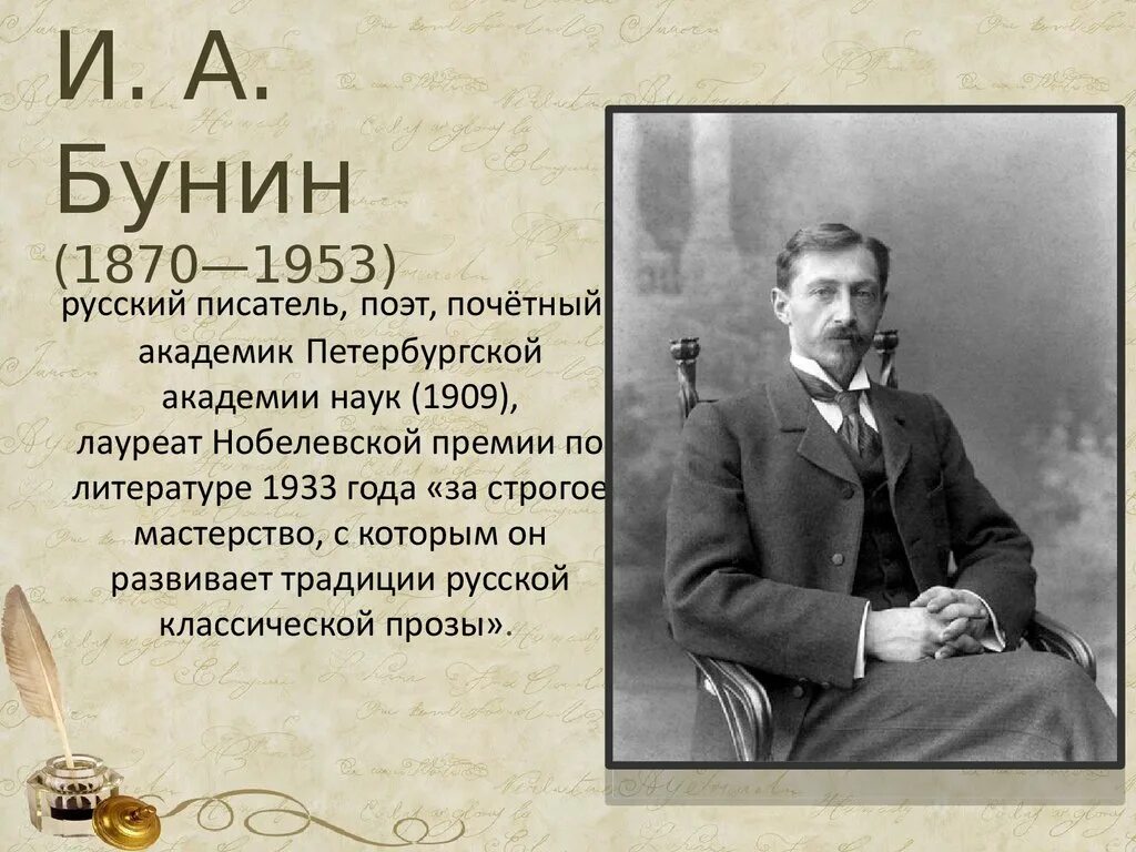 Русские Писатели. Русские Писатели лауреаты Нобелевской премии по литературе. И. А. Бунин (1870-1953). Бунин 1870. Российские получившие нобелевскую премию