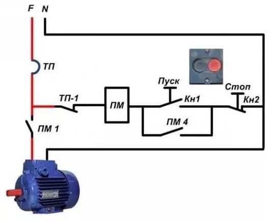 Кнопка пуск контакты. Схема подключения пускателя через кнопку пуск 220. Схема подключения мотора через пускатель на 220. Схема подключения кнопок включения электродвигателя. Схема подключения пускателя через кнопку 220 вольт.