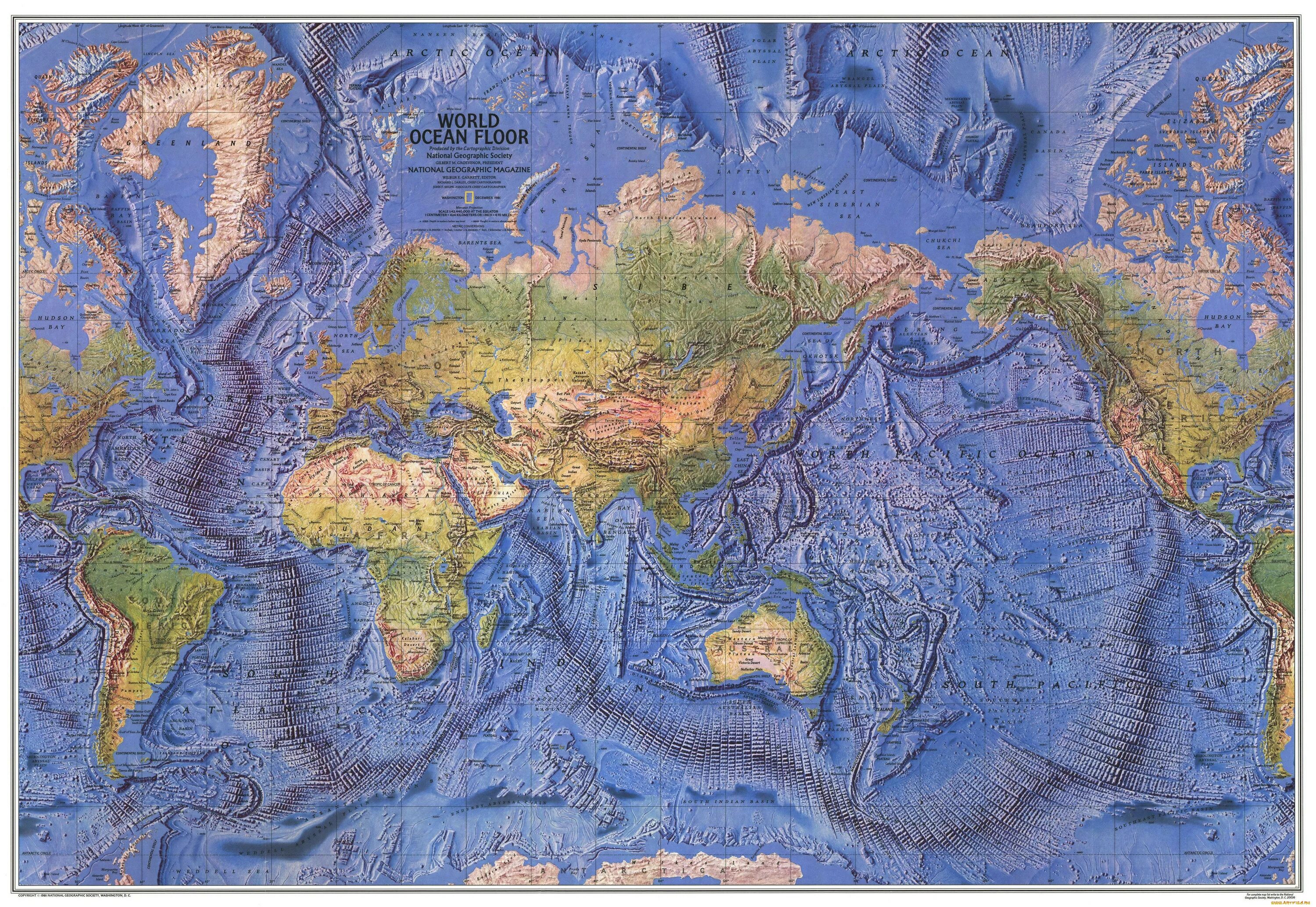 Глубь материка. Карта дна мирового океана с глубинами.