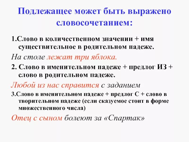 Подлежащее может быть выражено словосочетанием. Подлежащее выражено существительным в родительном падеже. Подлежащее может быть только в именительном падеже. Подлежащее может быть в родительном падеже.