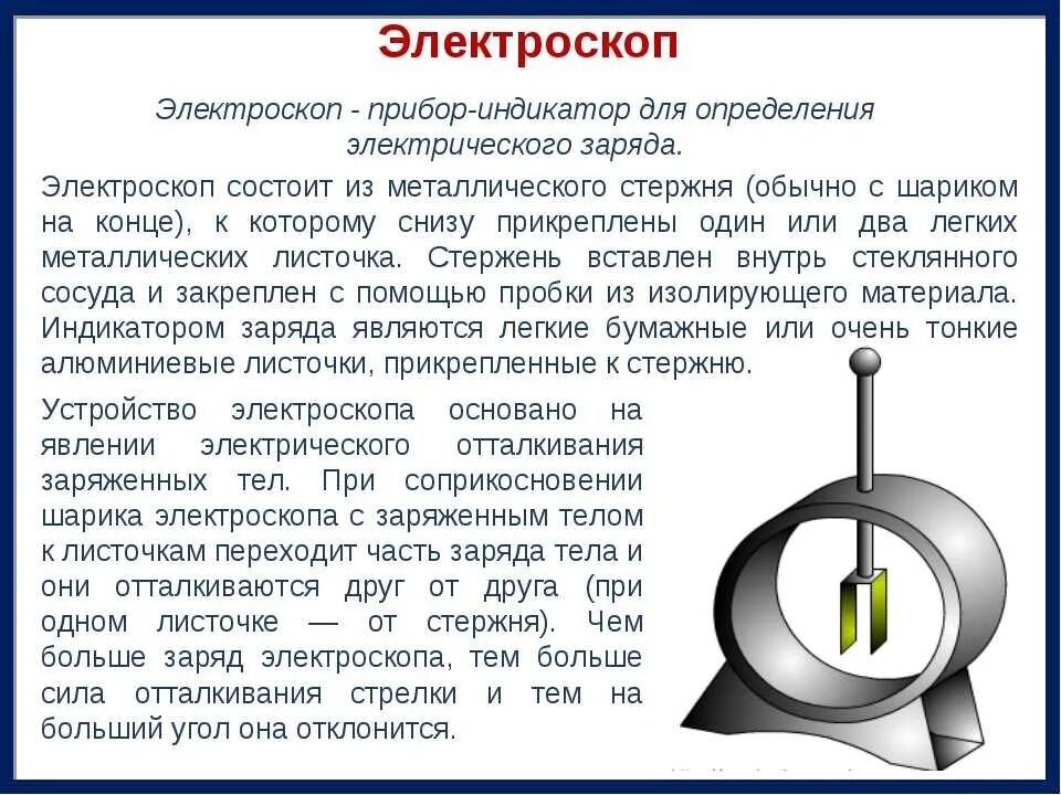 Шар и стержень электроскопа. Электроскоп и электрометр физика 8 класс. Устройство электроскопа. Прибор для измерения зарядк тела. Электроскоп это прибор для измерения электрического заряда.