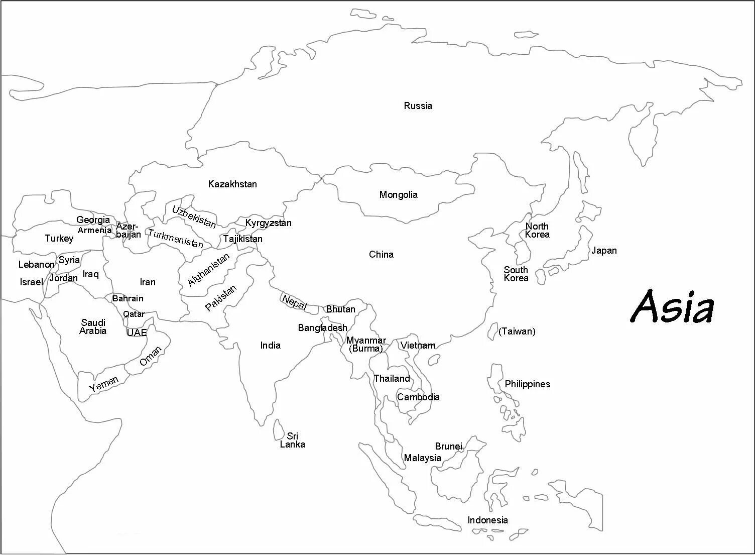 Контурные карты регионов азии. Контурная карта Азии с названиями стран. Страны Азии контурная карта. Карта Азии с контурами стран. Карта зарубежной Азии пустая.