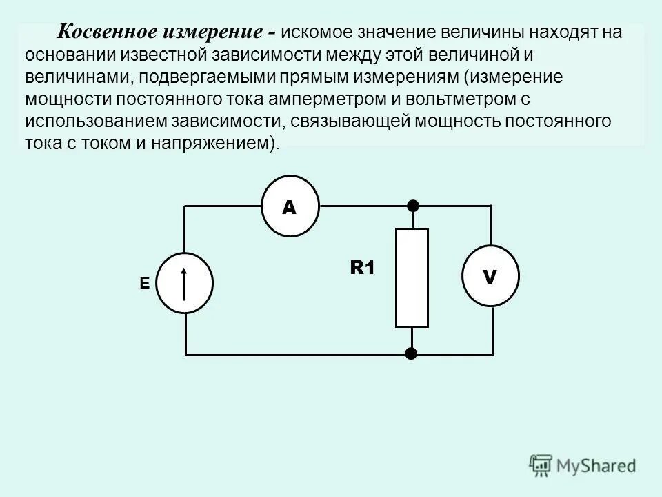 Измерения при которых искомое значение. Схема измерения сопротивления постоянного тока методом амперметра. Схема измерения силы постоянного тока и напряжения в цепи. Метод измерения тока косвенным методом. Схема измерения мощности косвенным методом.