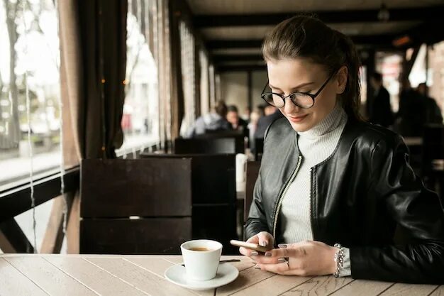 Работа кофе леди. Девушка с кофе в очках. Девушка в кафе с телефоном. Девушка в кафе с кофе. Деловая женщина в кофейне.