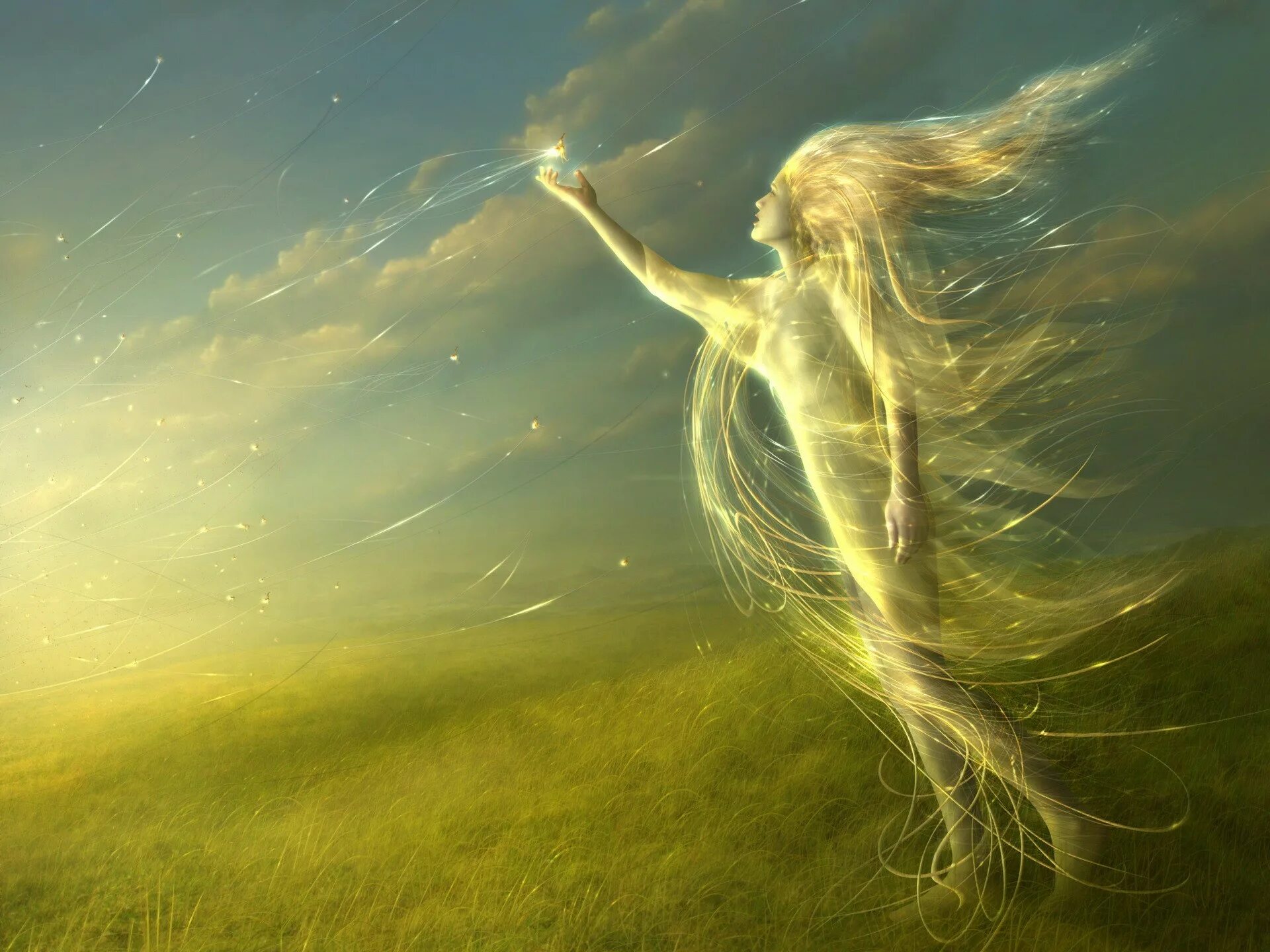 Духовные перемены. Духи природы. Девушка на ветру. Растворился в воздухе. Светлая энергия.