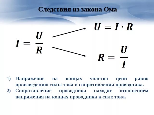 Найти сопротивление формула закон ома. Формулы нахождения силы тока напряжения и сопротивления. формула сопротивления проводника из закона ома. из формулы закона ома для участка цепи. следствия из закона ома для участка цепи.