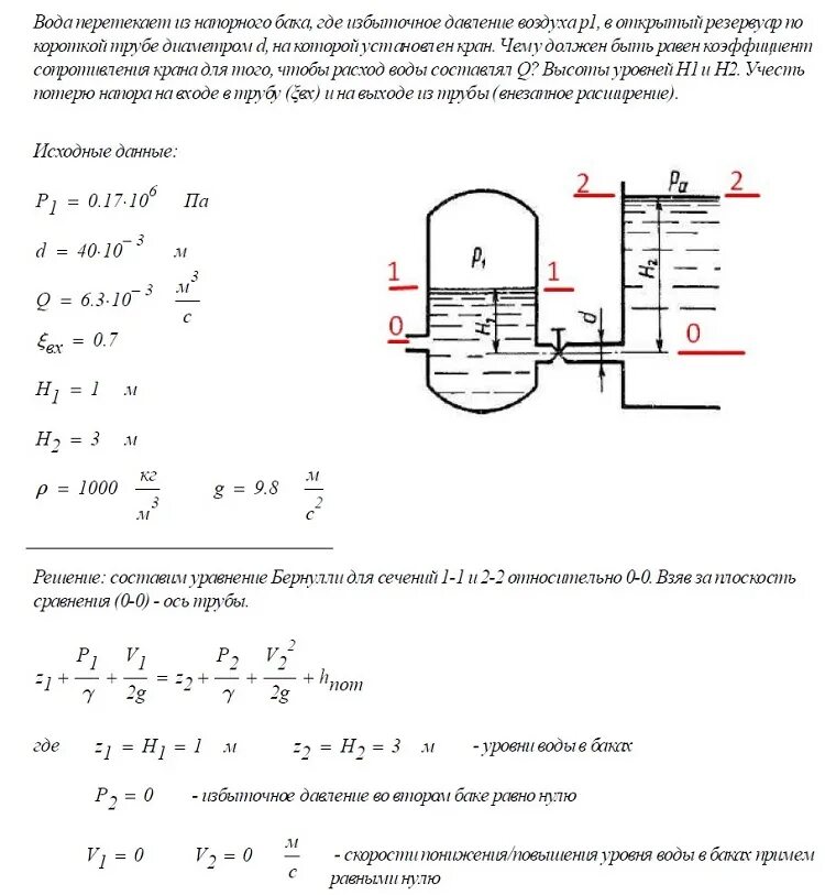 Почему для расчета давления жидкости. Формула избыточного давления жидкости в трубе. Формула избыточного давления резервуара. Давление воды в резервуаре на высоте 10м. Избыточное давление в трубопроводе это.