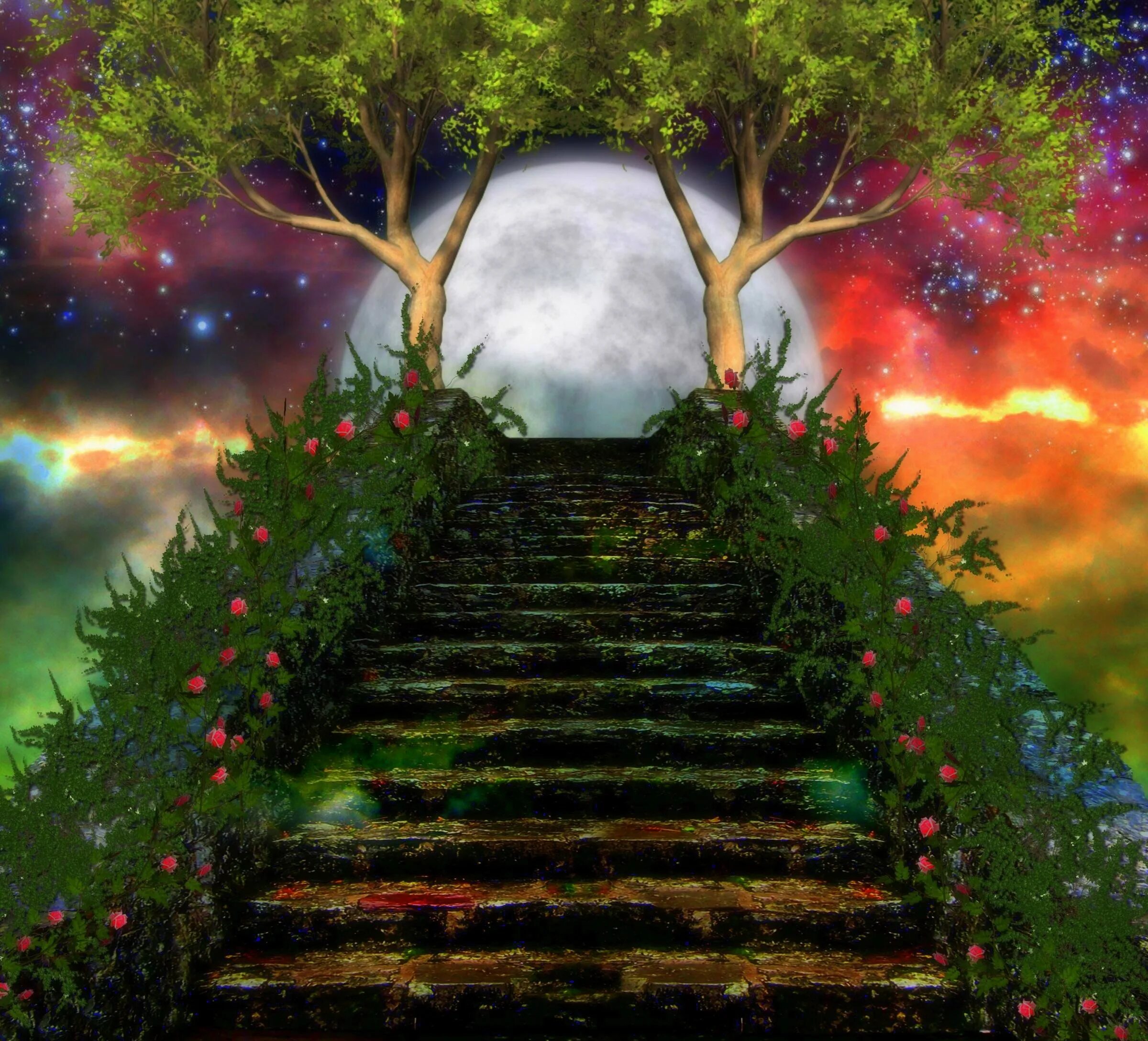 Тропа желаний. Лестница вверх. Лестница в рай. Волшебный фон. Сказочная лестница.