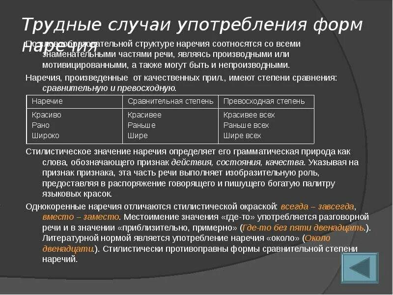 Предложение с ошибкой в употреблении наречия. Трудные случаи употребления частей речи. Трудные случаи употребление наречий. Нормы употребления наречий в речи. Трудные случаи употребления глаголов.