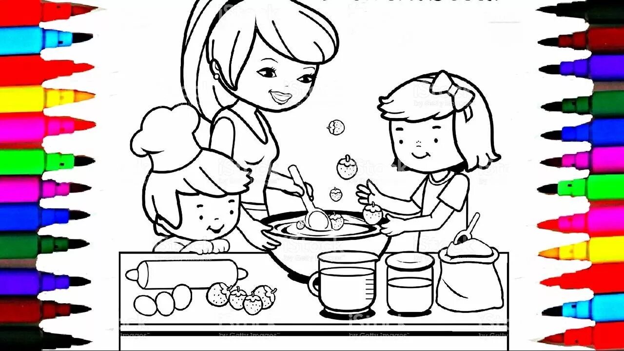 Coloring and learn. Дошкольники раскрашивают раскраски в детском саду. coloring pages for kids думает о попить. mother in the kitchen drawing for kids. cook with mom coloring picture for kids.