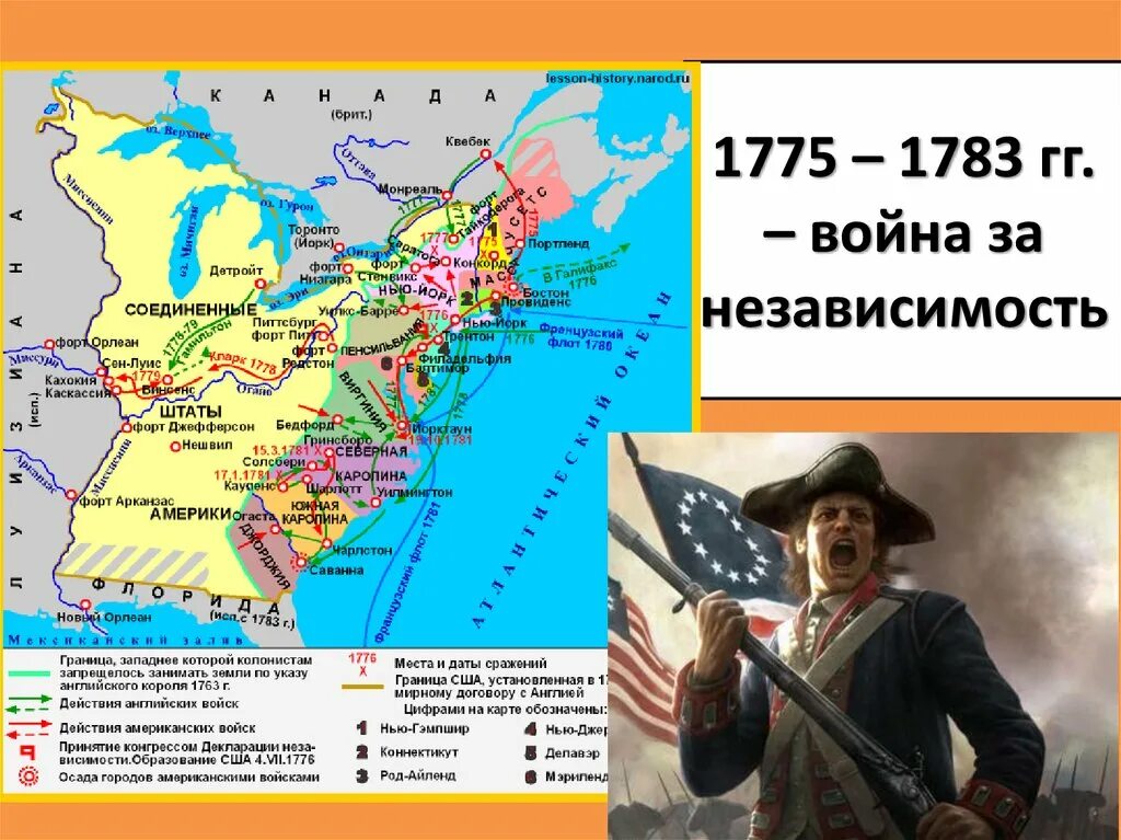 Во время войны британских колоний в америке. Карта США 1775.