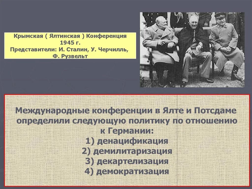 Ялтинская конференция представители. Ялтинская конференция 1945 презентация. Оккупация Германии после Ялтинской конференции. 4д Ялтинской конференции. Денацификация это значит простыми словами