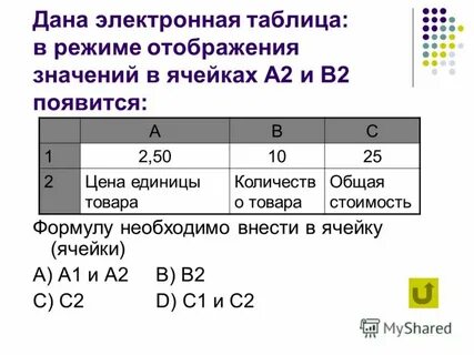 Электронная таблица в режиме отображения значений