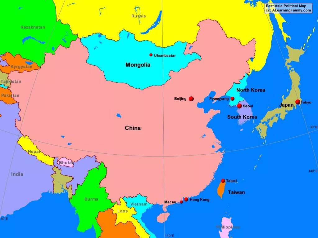 Какая территория восточной азии. Политическая карта Азии Китай. North Eastern Asia Map. Китай Корея Япония на карте.