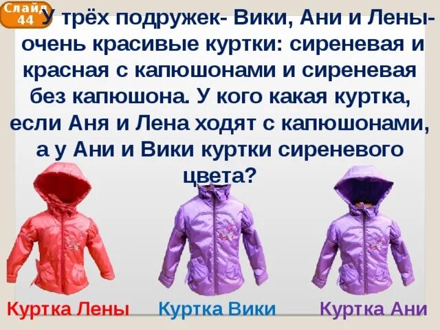 Как называется цвет куртки. У трёх подружек вики ани и лены очень красивые куртки. стихотворение про куртку. стих про курточку. презентация куртки.