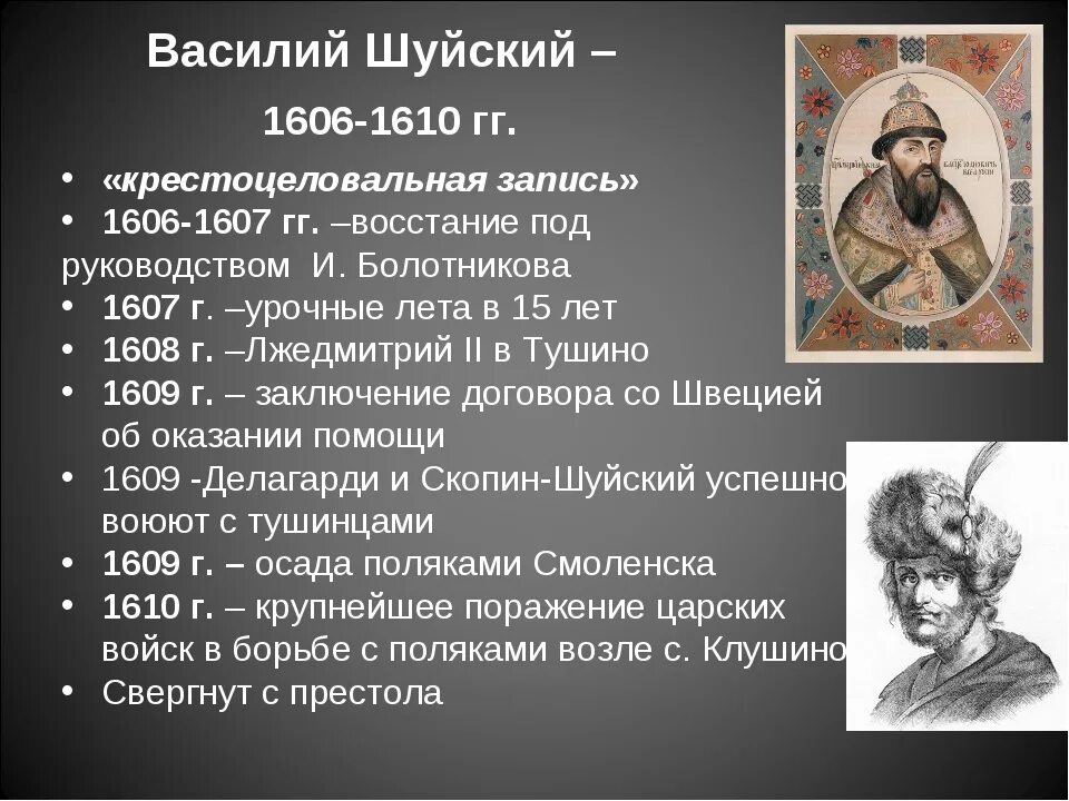 1606 – 1610 – Царствование Василия Шуйского. События правления Василия Шуйского. Какие события произошли в эти даты