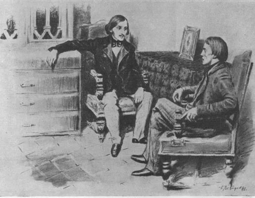 Белинский и Гоголь. Гоголь за работой. Б. И. Лебедев. Белинский и Гоголь (1946). 1845 Гоголь с художниками.