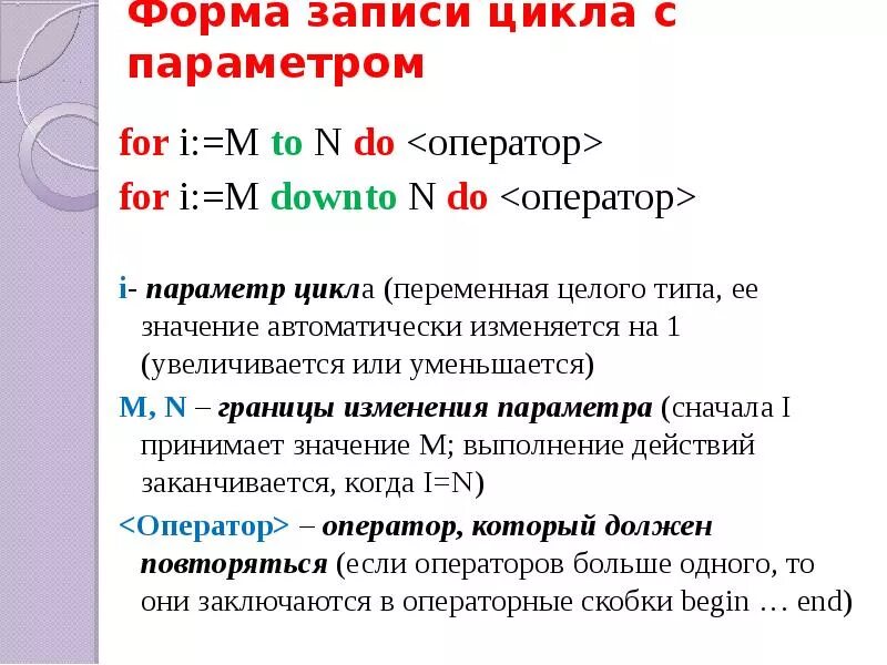 Приведите пример использования параметра цикла. Форма записи оператора цикла for. Пример использования параметра цикла. Форма записи цикла с параметром. Оператор цикла for формазариси.