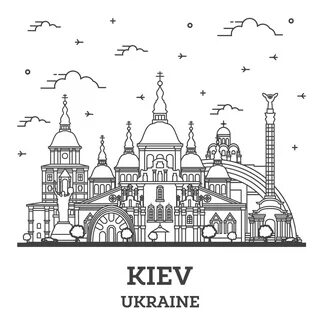 Outline Kiev Ukraine City Skyline with Historic Buildings Isolated on White. 177