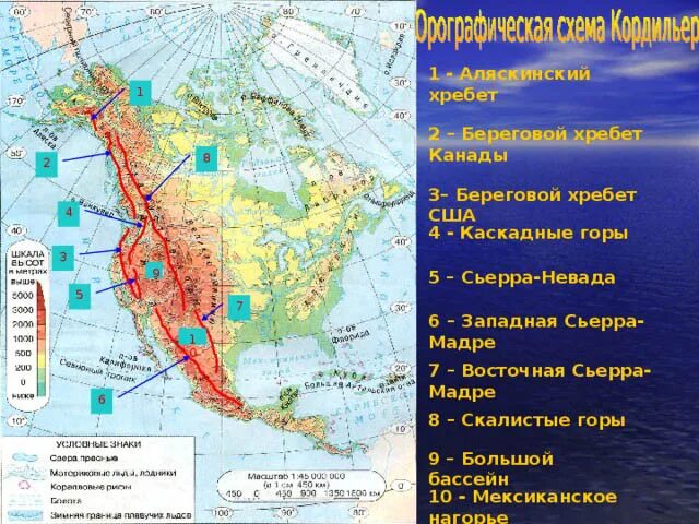 Выбери крайнюю северную точку северной америки. Горная система Кордильеры на карте Северной Америки. Кордильеры на карте США. Физическая карта Северной Америки горы Кордильеры. Рельеф Кордильер на карте Северной Америки.