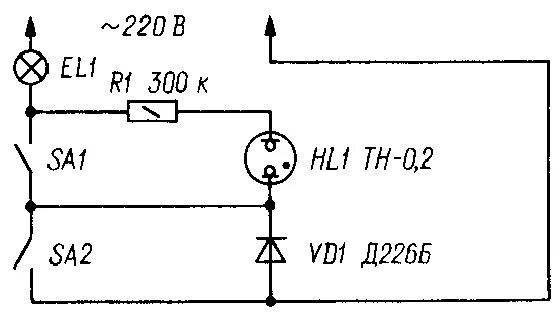 Vd1 диод. Плавный пуск лампы накаливания 220 схема. Неоновая лампа тн-0.2 схема подключения. Выключатель через диоды д226.