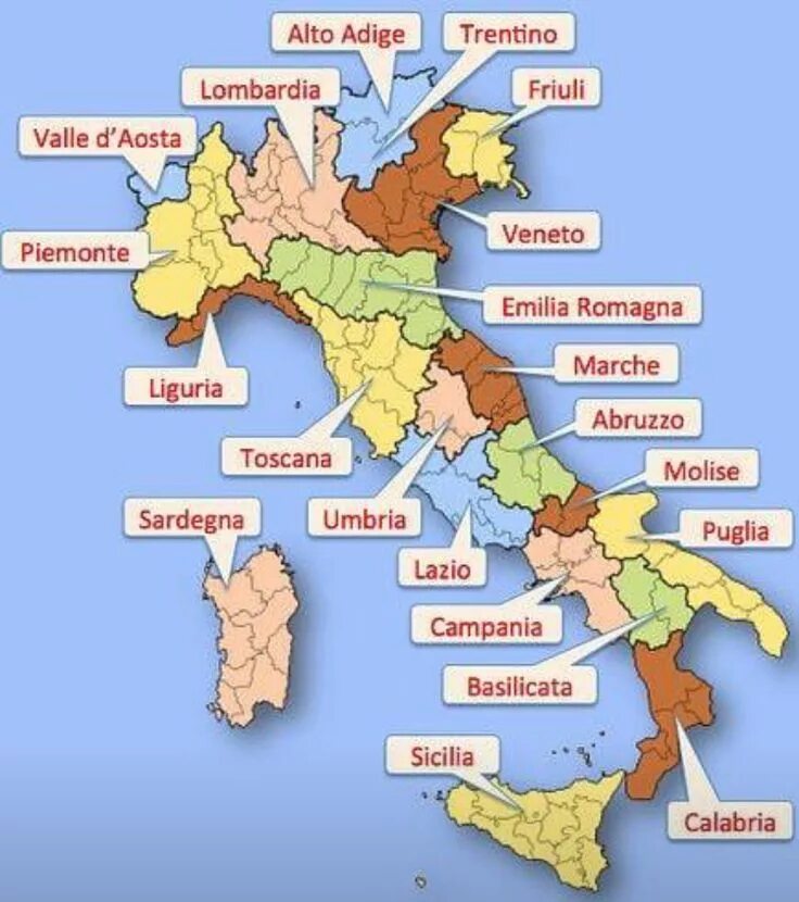 Италия части страны. Административное деление Италии карта. Италия деление на провинции. Провинции Италии на карте. Карта Италии с регионами на итальянском языке.
